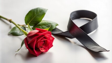 Black mourning ribbon and a single red rose with copy space