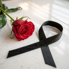 Black mourning ribbon and a single red rose with copy space