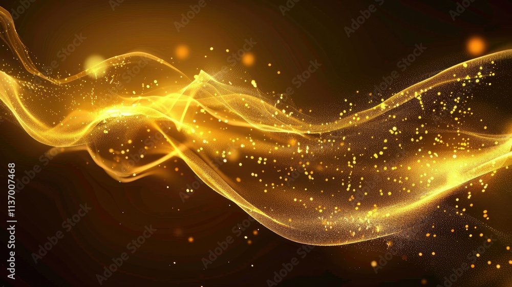 Poster abstract golden wave with sparkling particles on a dark background.