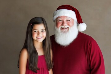 Fototapeta premium Merry christmas, Ñute child girl delighted with santa claus. Christmas advertising concept image for print and online use. Santa ad baby happy. Happy family santa ads. Baby smiling santa cl.