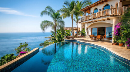 Fototapeta premium A luxurious beachfront villa with infinity pool, surrounded by palm trees and overlooking the ocean.