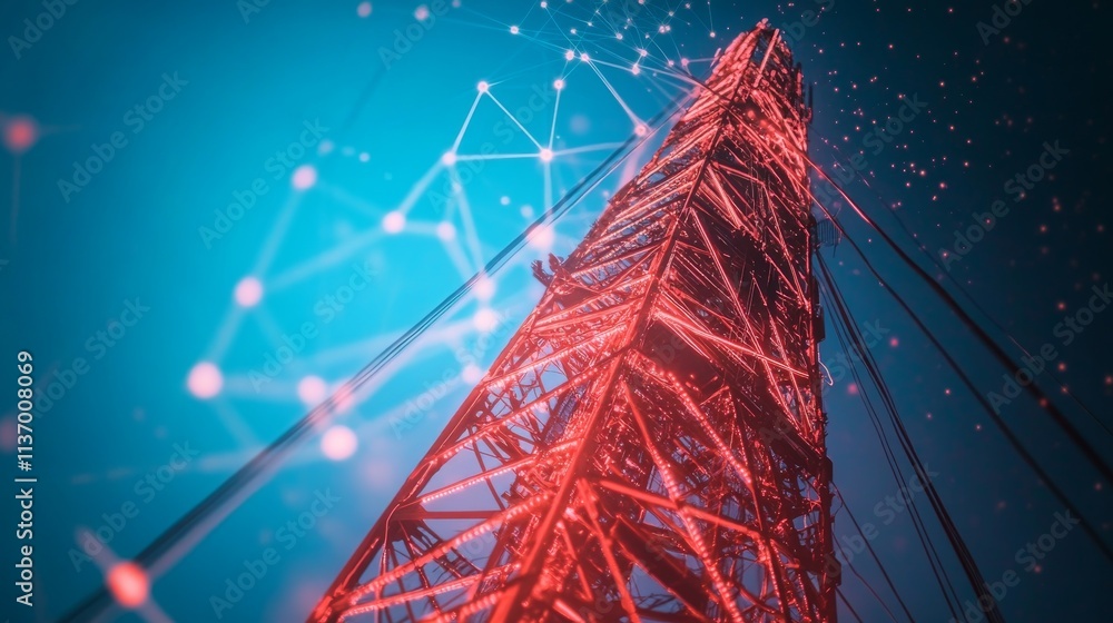 Poster a close-up view of a telecommunications tower wrapped in glowing red lights, featuring a digital net