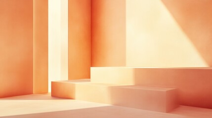 Peach-toned room with sunlight illuminating geometric steps.