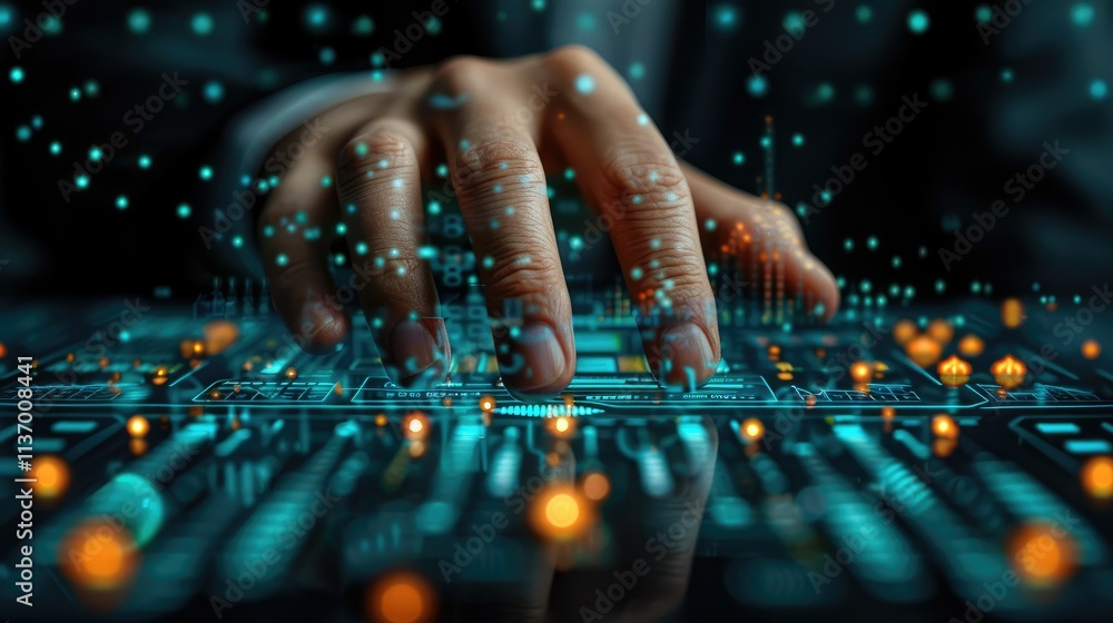 Poster a hand interacting with a digital interface, symbolizing technology and data processing.