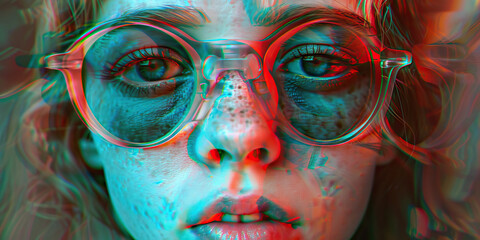 Obraz premium Close-up Portrait of Woman Wearing Round Glasses, Glitch Effect