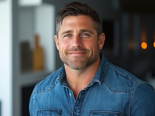 Obraz premium Confident Man in Denim Shirt Smiling Brightly