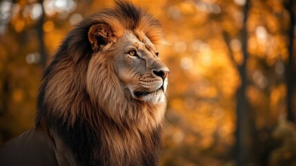 Obraz premium Majestic lion in autumnal forest