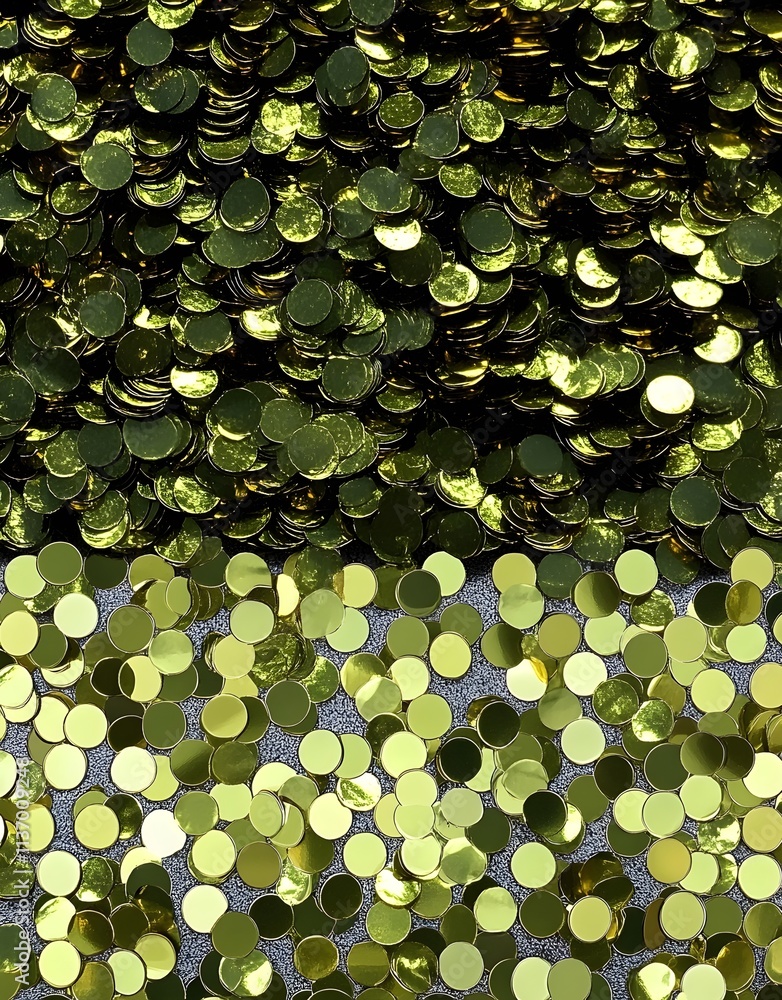 Poster a vibrant display of shiny green sequins arranged in two distinct sections.
