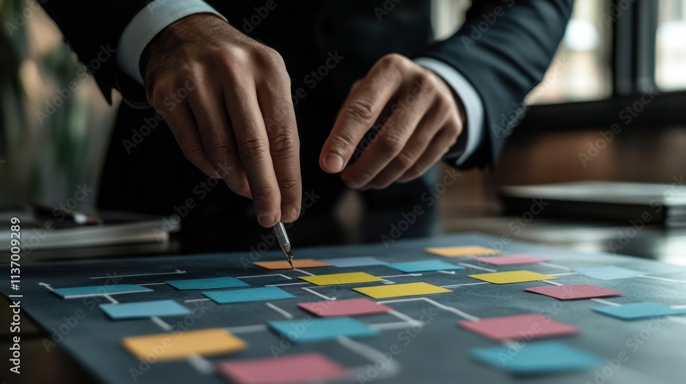 Poster a businessman carefully arranges sticky notes on a chart, outlining a complex business strategy. the