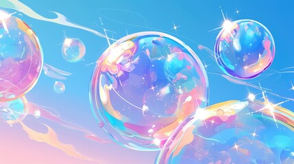 A vibrant illustration of colorful soap bubbles floating against a gradient sky.