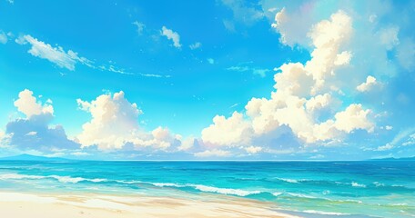 A serene beach scene featuring a bright blue sky and gentle ocean waves.