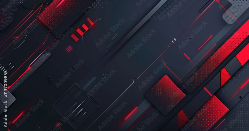 Poster abstract digital background with geometric shapes and red accents on a dark surface.