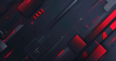 Naklejka premium Abstract digital background with geometric shapes and red accents on a dark surface.