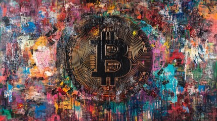 Bitcoin Cryptocurrency Abstract Art: Colorful, vibrant painting of Bitcoin symbol on a textured canvas. Explore themes of technology, finance, and innovation in the digital age.