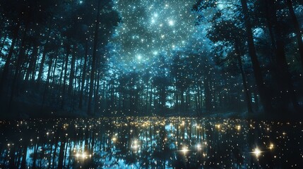 Naklejka premium Glistening reflections of stars illuminate a tranquil pond in a mystical forest, creating an enchanting atmosphere of wonder and peace.