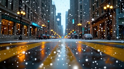 Snowflakes falling on a wet city street, with glowing streetlights reflecting on the slick road...