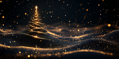 Space Christmas tree with subtle golden lights on black background