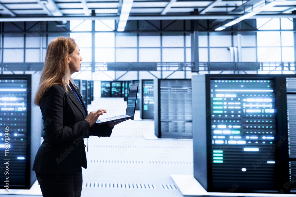 Poster computer scientist in data center checking rigs and hardware, doing checkup. woman walking in high t