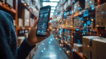 A customer efficiently uses a mobile app to track their order shipment within the bustling digital warehouse environment.