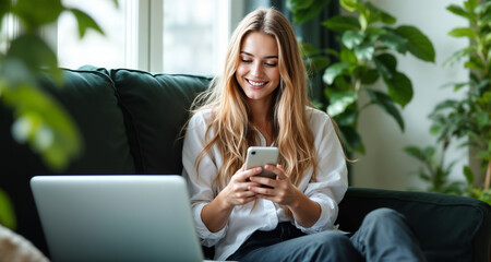 A young woman seated on a couch, using a smartphone, with a laptop nearby, surrounded by a home setting including indoor plants, creating a relaxed and productive atmosphere.

