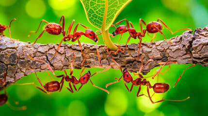 A group of red ants on a tree branch