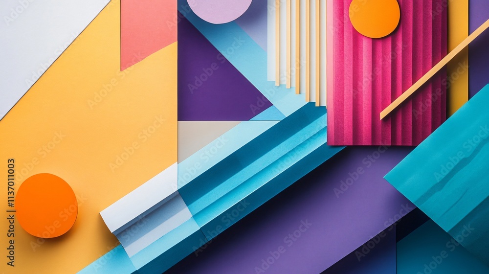 Poster abstract geometric composition: colorful paper shapes and patterns