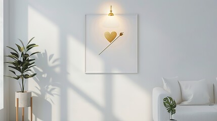 A modern love-themed event poster with gold foil accents and a minimalist design, featuring heart and arrow motifs, hanging on a clean white wall with soft spotlighting.