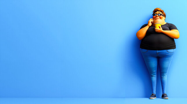 A fat woman standing in front of a blue wall talking on a cell phone - Powered by Adobe