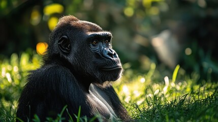 Naklejka premium Gorilla in lush green habitat