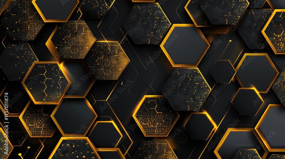 Poster a stylized hexagonal pattern with gold accents on a dark background, suitable for tech themes.