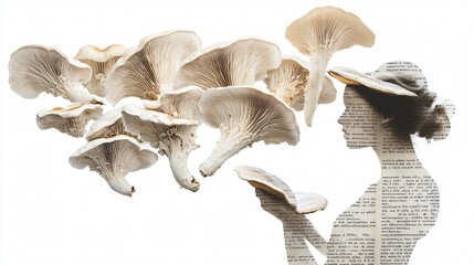 Whimsical collage art: Woman silhouette with vintage text and oyster mushrooms