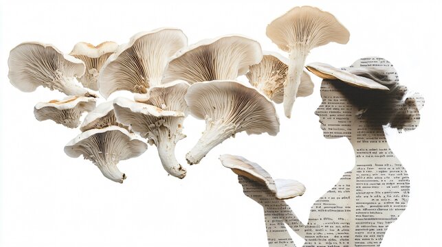 Whimsical collage art: Woman silhouette with vintage text and oyster mushrooms