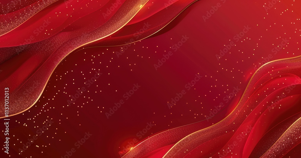 Poster abstract red waves with golden accents and sparkles, creating a festive and elegant backdrop.