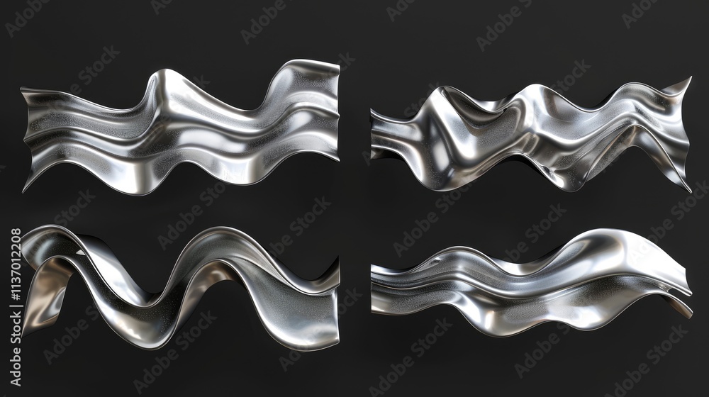 Poster four metallic wave-like structures displayed against a dark background.