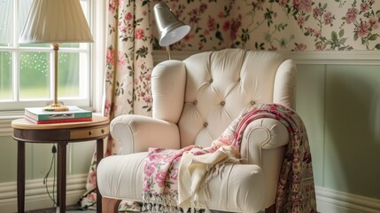 Floral Retreat with Patterned Wallpaper, Cozy Armchair, and Serene Decor
