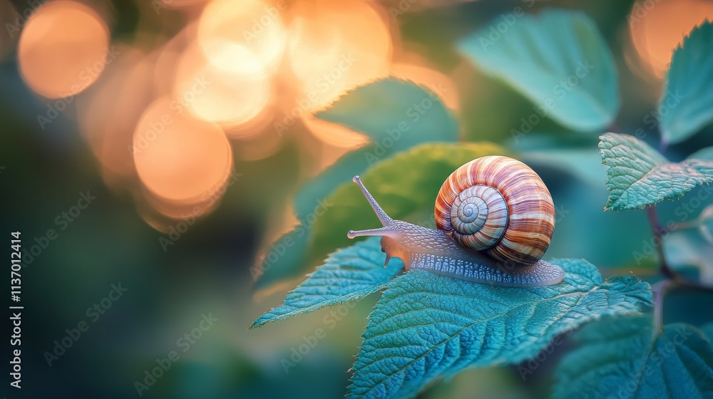 Poster a picturesque macro shot of a snail crawling on a leaf, backlit by the golden hues of a sunset. the 
