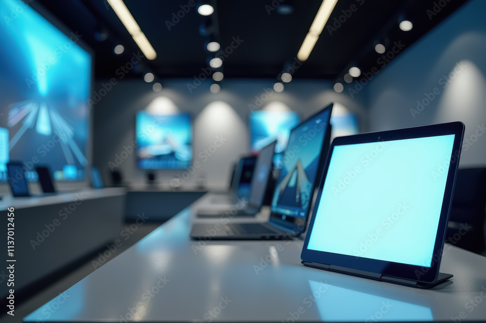 Poster modern electronic store display with laptops and tablets in dim lighting