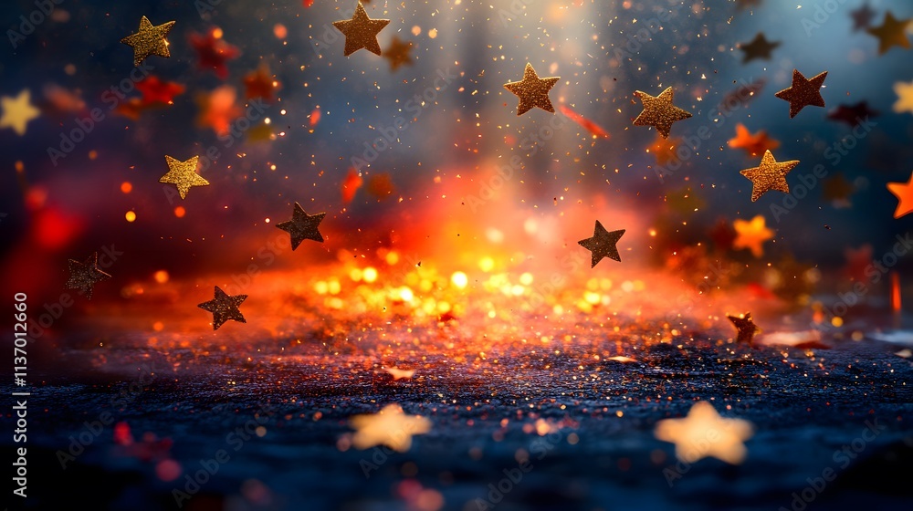 Poster a vibrant scene with floating golden stars and shimmering particles in a mystical atmosphere.