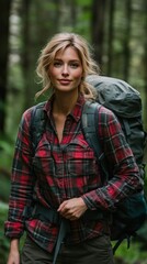 Adventurous Woman Hiking in Green Forest