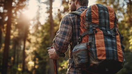 Fototapeta premium Adventurer with a Backpack in Nature's Embrace