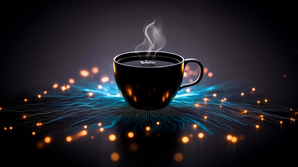 A cup of coffee with steam coming out of it on a black background