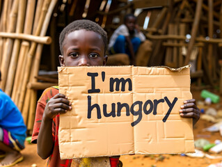 A young boy holding a sign that says I'm hungry
