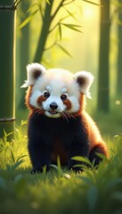 Cute baby panda playing in a bamboo forest with sunlight streaming through the leaves