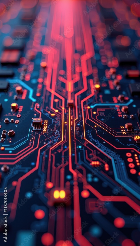 Poster abstract glowing circuit board design with intricate patterns and vibrant colors