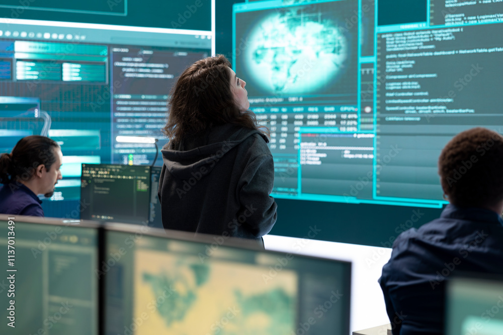 Poster governmental hackers at work planning advanced cyber attacks on servers infrastructure to gather int