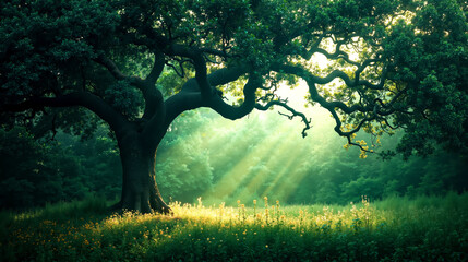 A large tree in the middle of a lush green forest