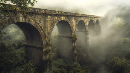 Fototapeta premium A medieval bridge spanning a deep chasm, its stone arches weathered by time, with mist swirling beneath.