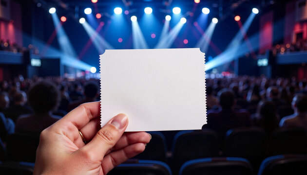 Holding blank ticket card in entertainment venue, mockup concept