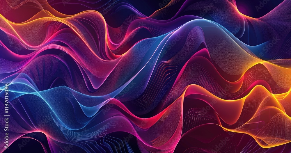 Poster abstract waves of vibrant colors flowing in a dynamic, digital design.