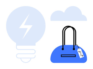 Blue handbag with a price tag next to a light bulb outline with a lightning bolt and a cloud. Ideal for themes thumbs up online shopping, sales, innovation, ideas, cloud computing, retail, marketing